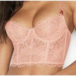 VICTORIAS SECRET DREAM ANGELS Lace Corset top 34C Pink LONG LINE BRA Rhinestone